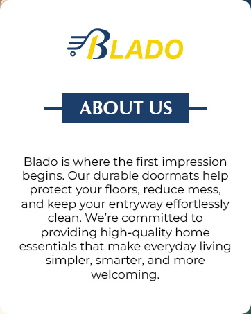 Logo featuring 'BLADO' in yellow with a blue shopping cart icon. Below, a navy 'ABOUT US' banner followed by text describing Blado's doormat products and company mission.