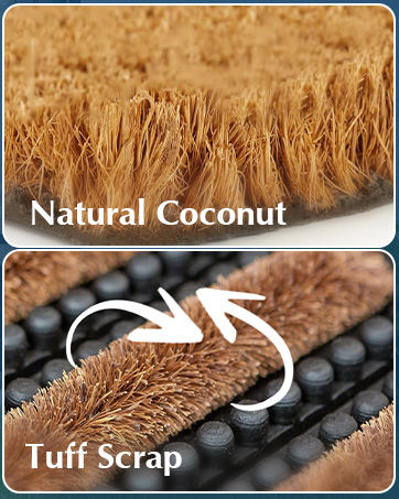 Close-up of a coconut fiber scrubbing brush, showing dense, stiff bristles. Below, the brush is demonstrated on a textured surface with circular scrubbing motion arrows.