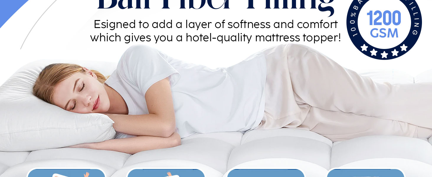 Text reads 'Dan Fiber Filling'. Marketing image showing person sleeping on mattress, with small product application photos below. Text indicates '1200' with a certification seal.