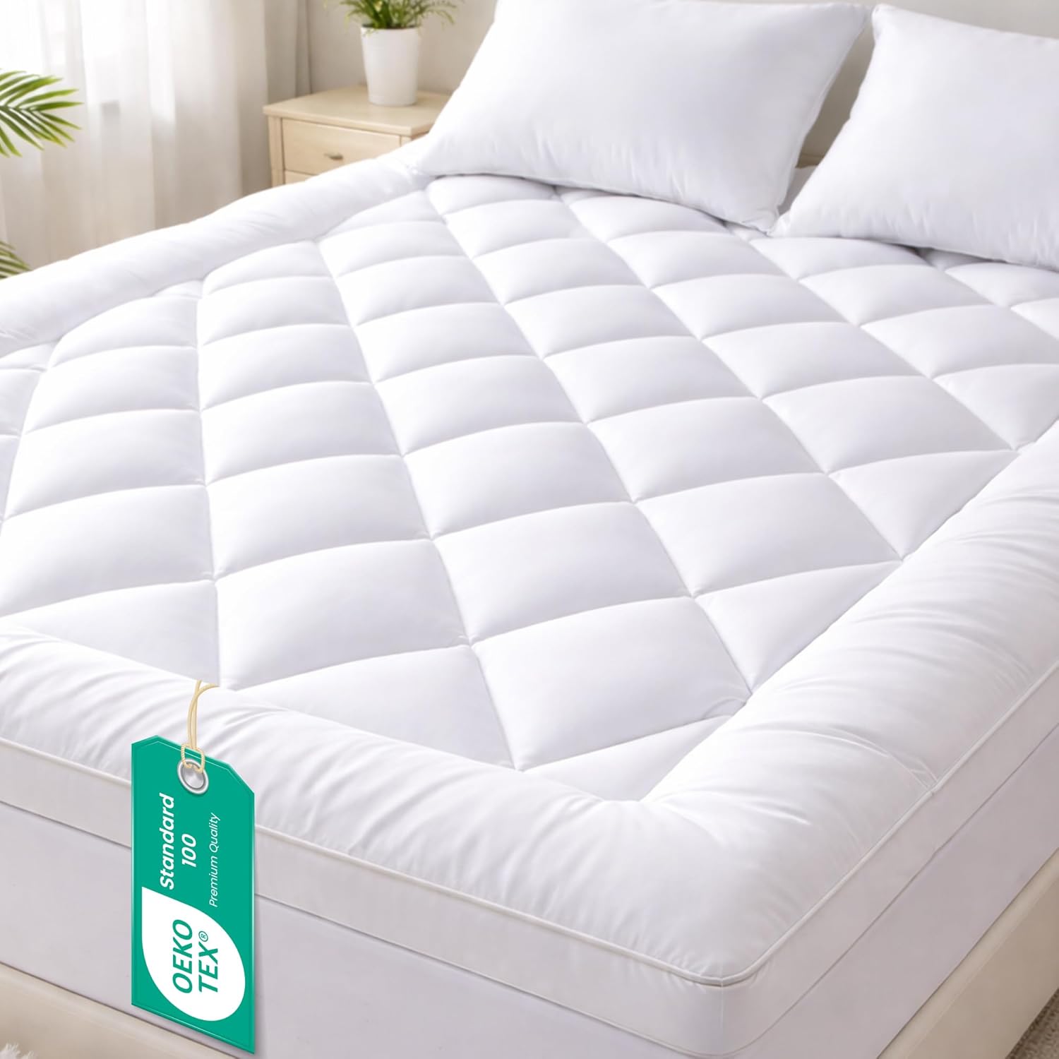 Linens World Mattress Topper Double Bed 10cm Thick, Quilted Super Soft Microfiber Topper, 1200GSM Anti-Allergy Fiber Fill, Washable with Strong Elastic Straps for Extra Comfort (137×190cm)