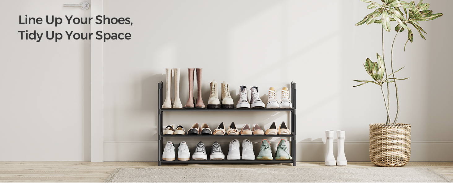Three-tier shoe rack in a minimalist entryway, organizing various shoes. Text reads 'Line Up Your Shoes, Tidy Up Your Space'.