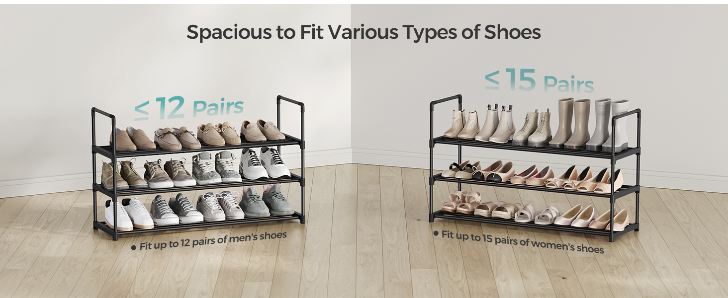 Two multi-tier shoe racks, one holding up to 12 pairs and the other up to 15 pairs of shoes, with text 'Spacious to Fit Various Types of Shoes'.