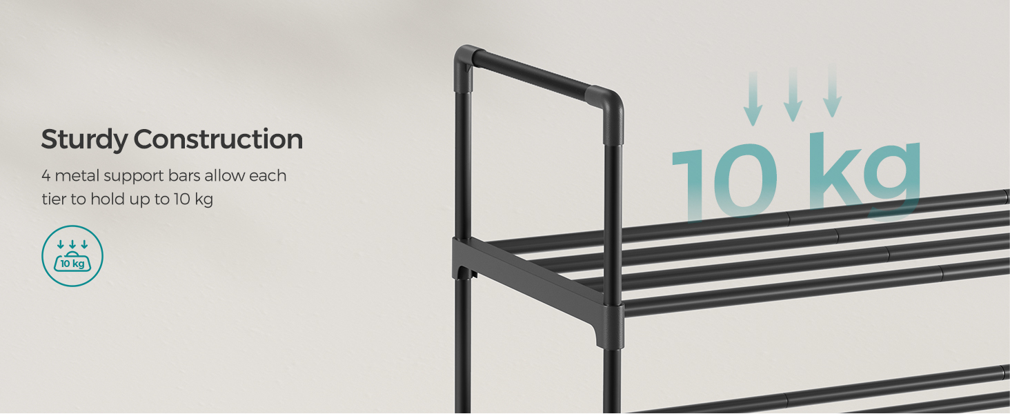 Black metal storage rack with horizontal bars, indicating 10kg weight capacity and sturdy construction feature.