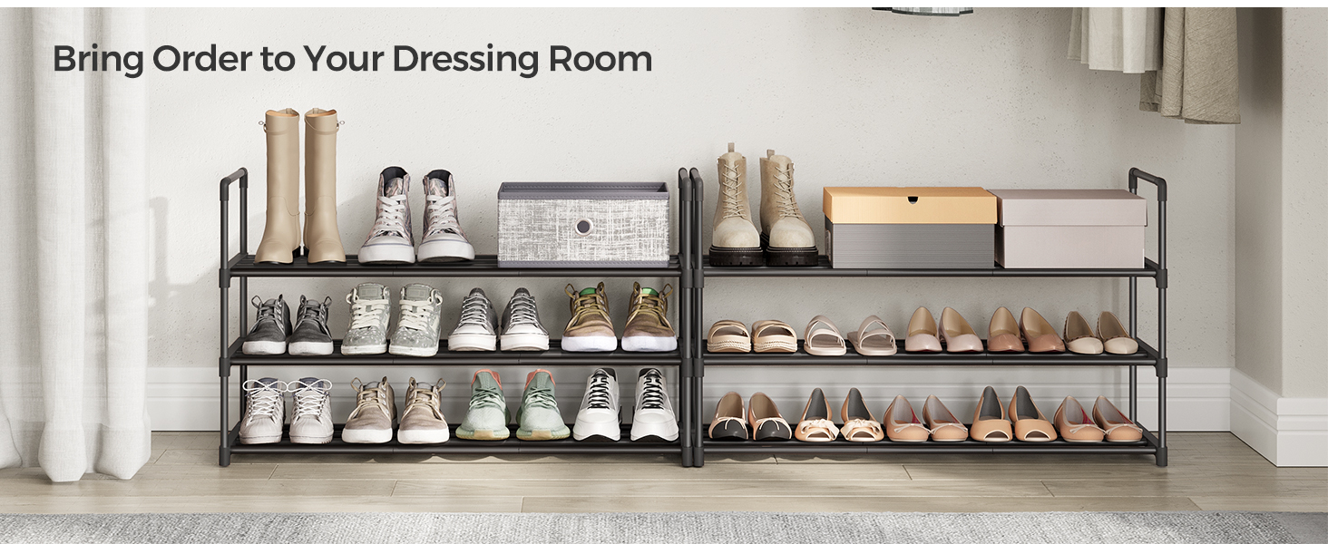 Multi-tier shoe rack organizing various footwear in a dressing room. Features multiple shelves holding different styles of shoes and boots.