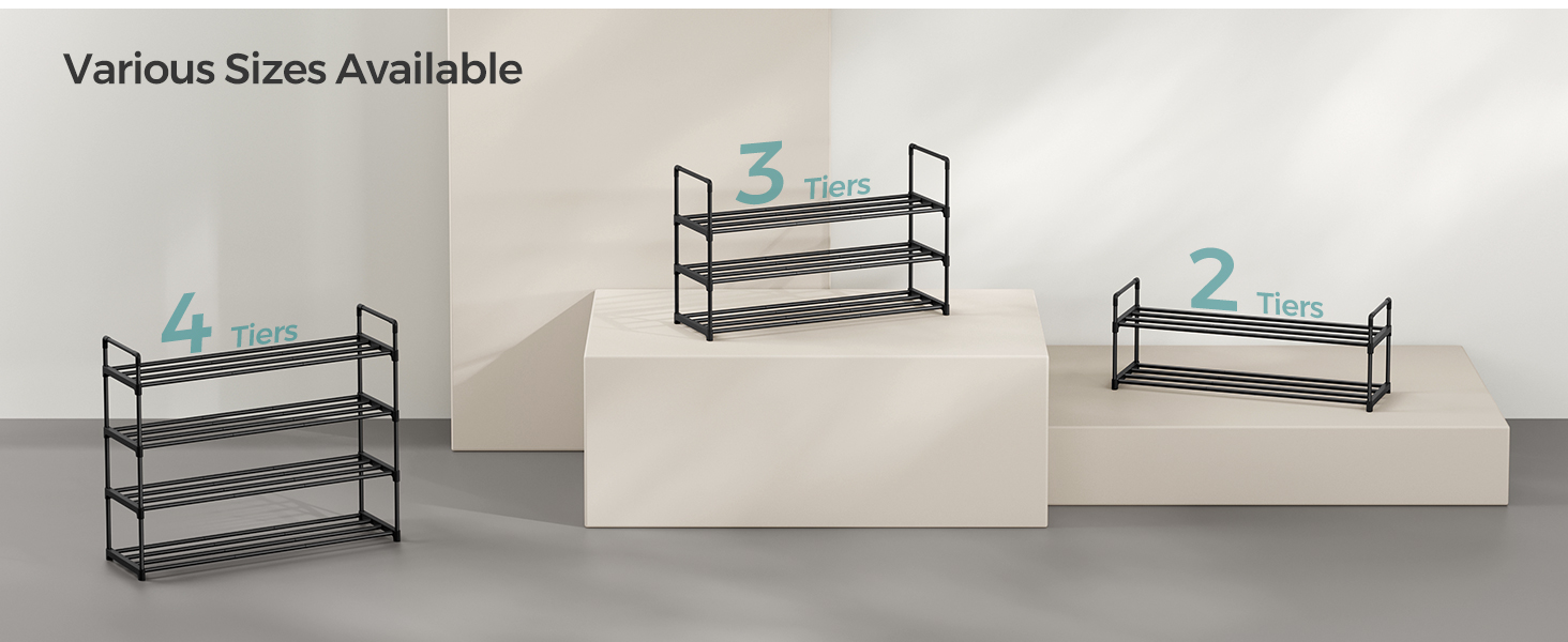 Multi-tiered metal shoe racks in three sizes: 2-tier, 3-tier, and 4-tier. Black frames with angled shelves for efficient storage. Text indicates various sizes available.