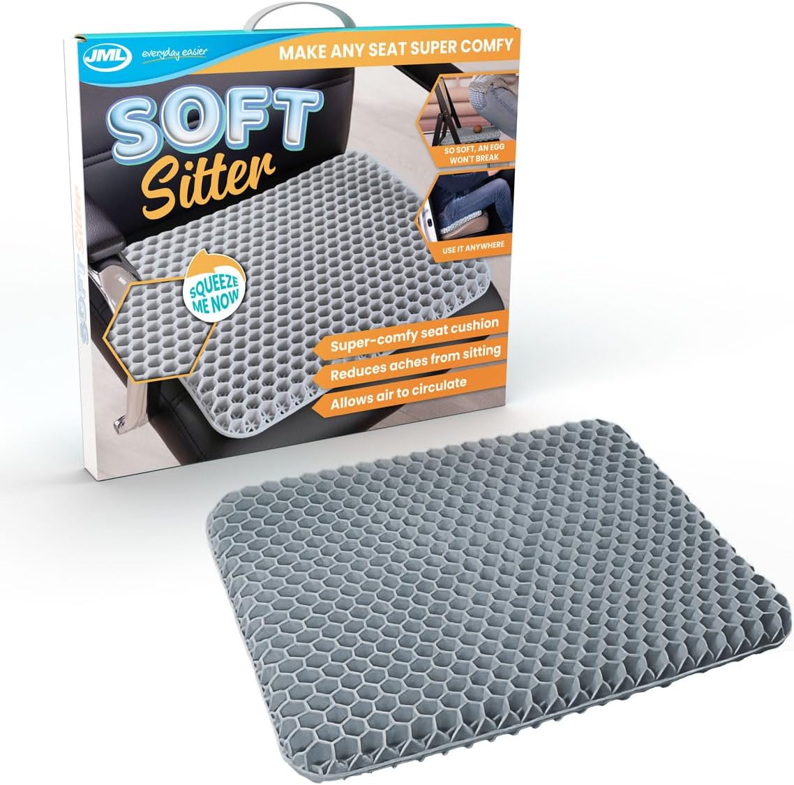 JML Soft Sitter Honeycomb Cushion - Gel Seat Cushion for Support and Flexibility, Home, Office, Gaming and Car Seat Pads - Lightweight, Durable, Breathable for All-Day Comfort and Posture, Grey