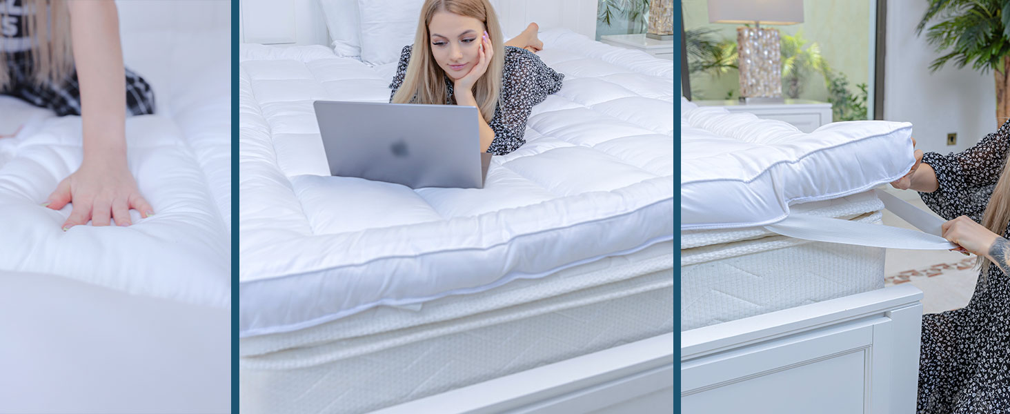 Three-panel image of a mattress: left shows a hand pressing the surface, center shows a person using a laptop on the bed, right shows the mattress edge.