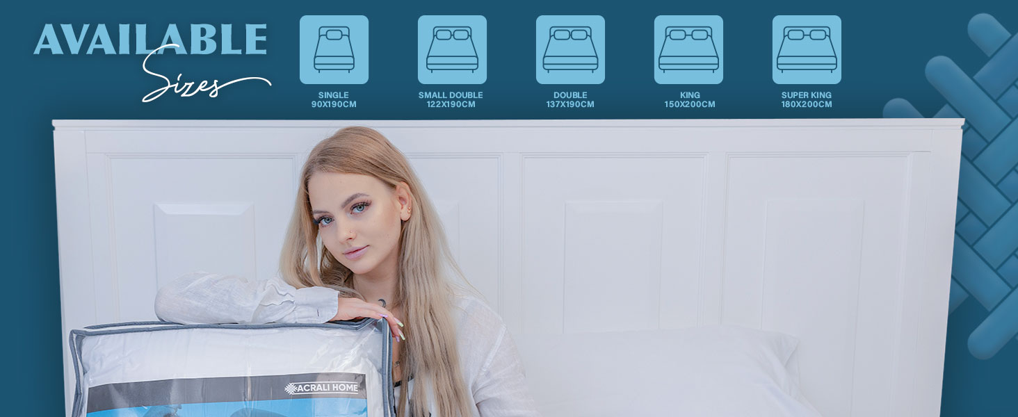Mattress size availability chart showing Single, Double, King, Super King, and Emperor sizes with corresponding dimensions.