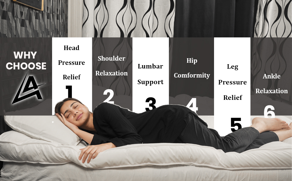 a woman lying on a bed with a chart of the different types of pillows.