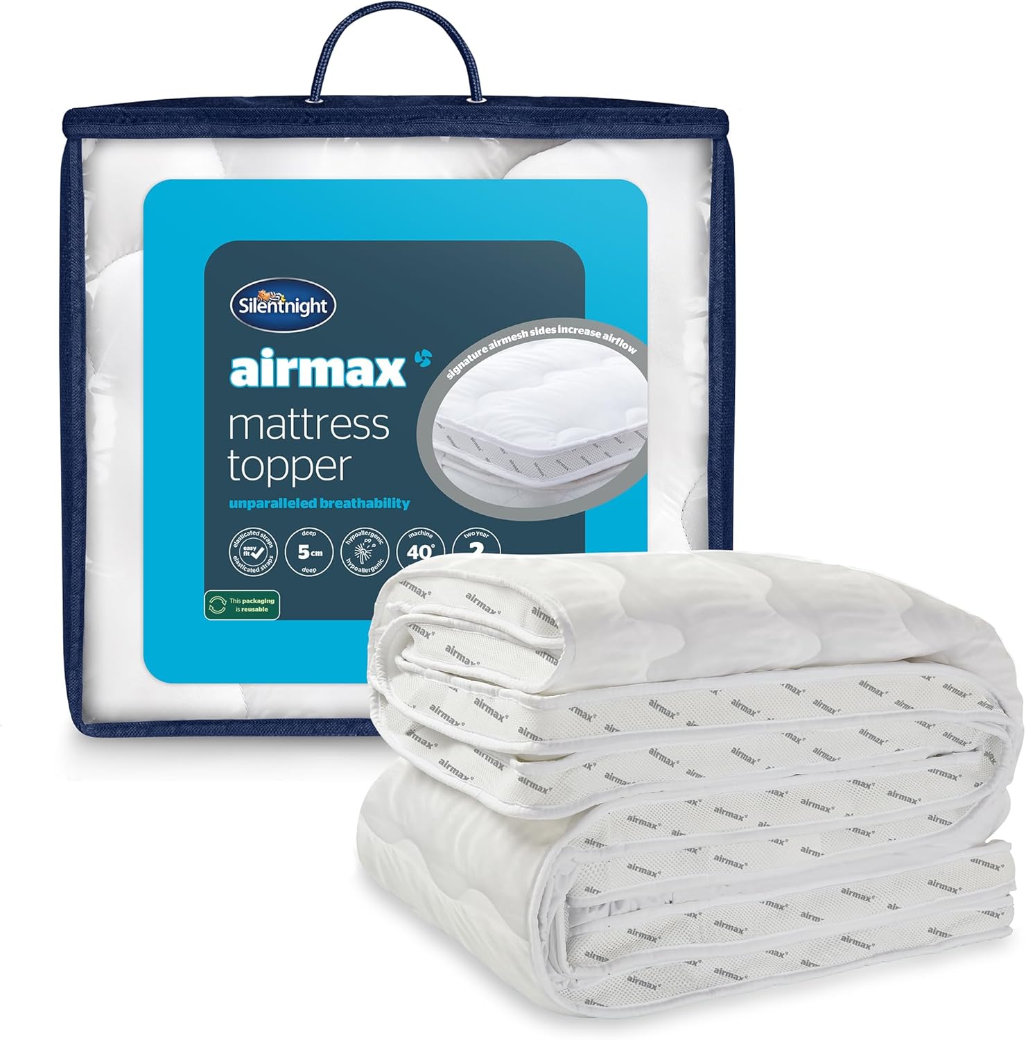 Silentnight Airmax 500 Double Mattress Topper - Thick Deep Fitted Mattress Enhancer with 5cm Thick Cushioning, Mesh Sides to Increase Airflow and Elasticated Straps - 135x190cm, Double