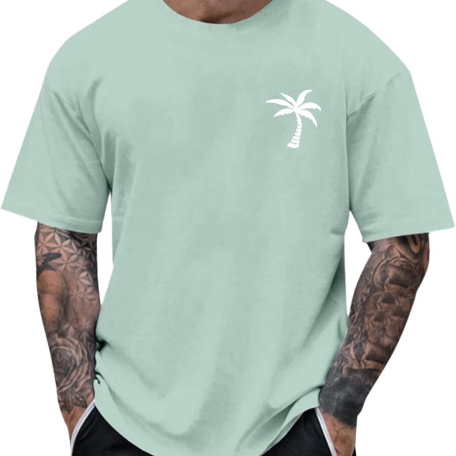 Men's Cotton T Shirt Summer Crew Neck Short Sleeve T-Shirt Coconut Tree Print Basic Shirts Men Loose Casual Sports Tops Light and Breathable Sports T-Shirts Gym Clothes Sale Clearance