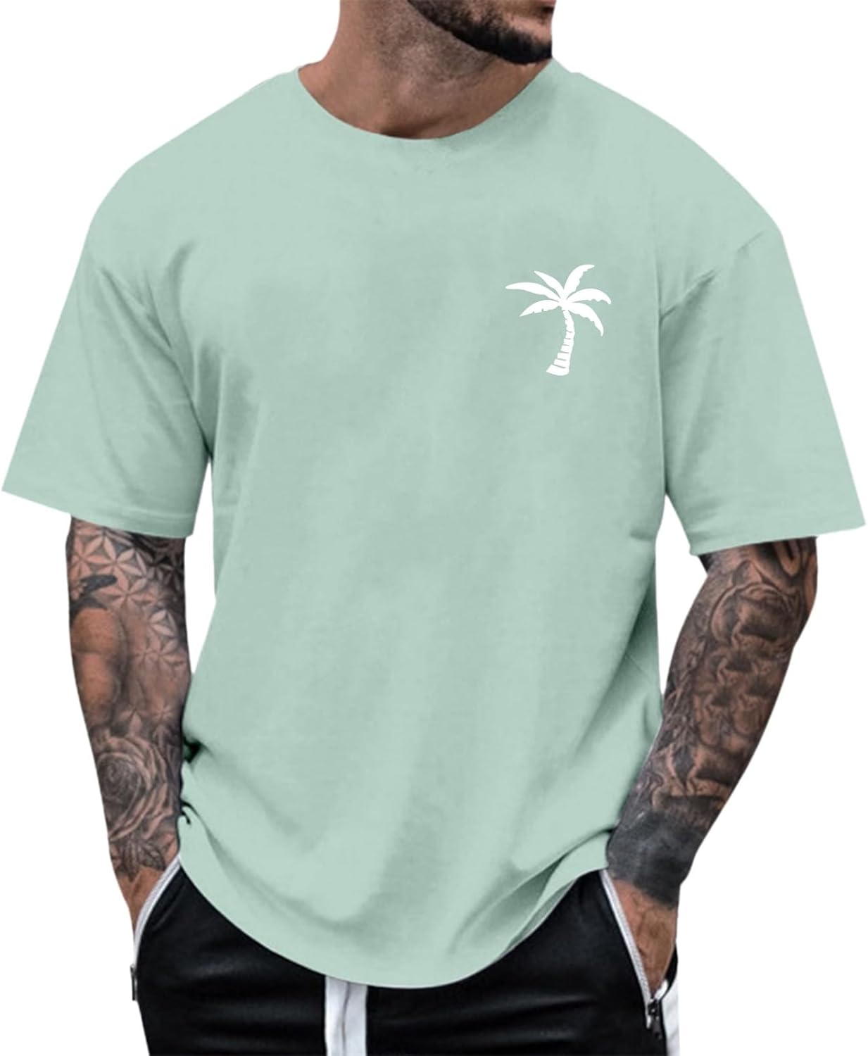 Men's Cotton T Shirt Summer Crew Neck Short Sleeve T-Shirt Coconut Tree Print Basic Shirts Men Loose Casual Sports Tops Light and Breathable Sports T-Shirts Gym Clothes Sale Clearance
