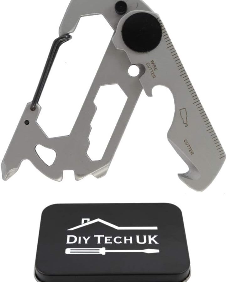 12 in 1 Pocket Multi Tool - Mini Multitool with Screwdrivers - Carabiner Keyring - Just 73mm - Bottle Opener, Wrench, Wire and Safety Belt Cutter, Ruler, Spanners - with Gift Tin
