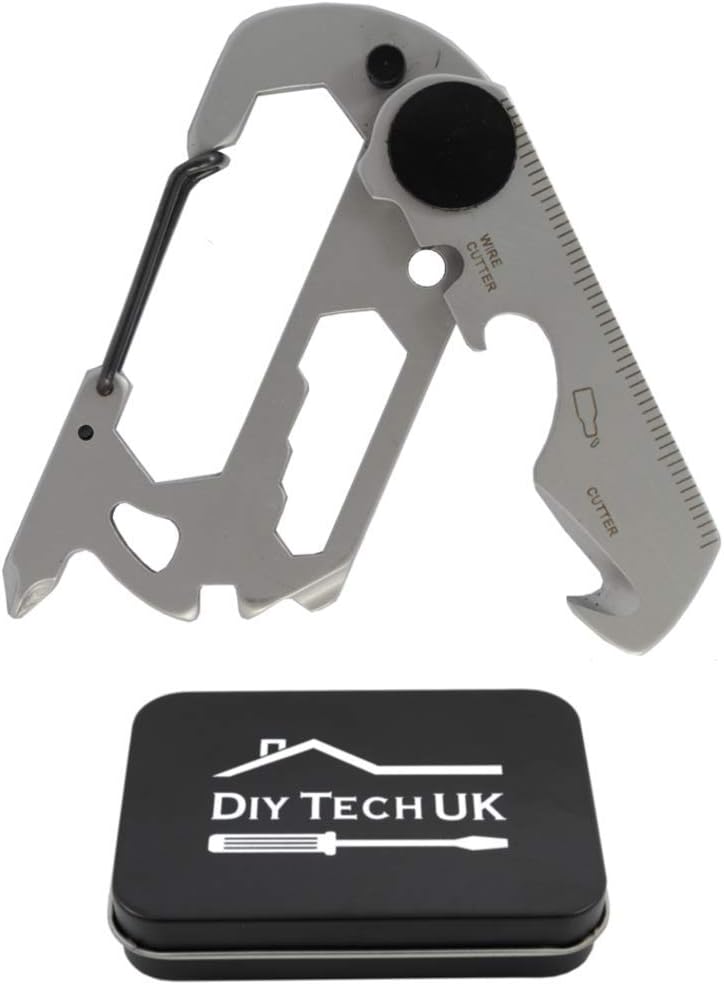 12 in 1 Pocket Multi Tool - Mini Multitool with Screwdrivers - Carabiner Keyring - Just 73mm - Bottle Opener, Wrench, Wire and Safety Belt Cutter, Ruler, Spanners - with Gift Tin