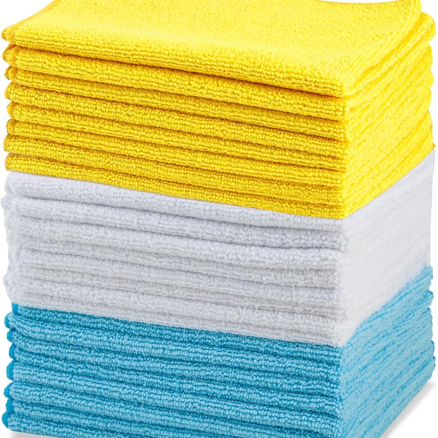 Amazon Basics Microfibre Cleaning Cloth, Pack of 24, Multi Colored, Blue, Orange & White, 40.5 cm x 30.5 cm
