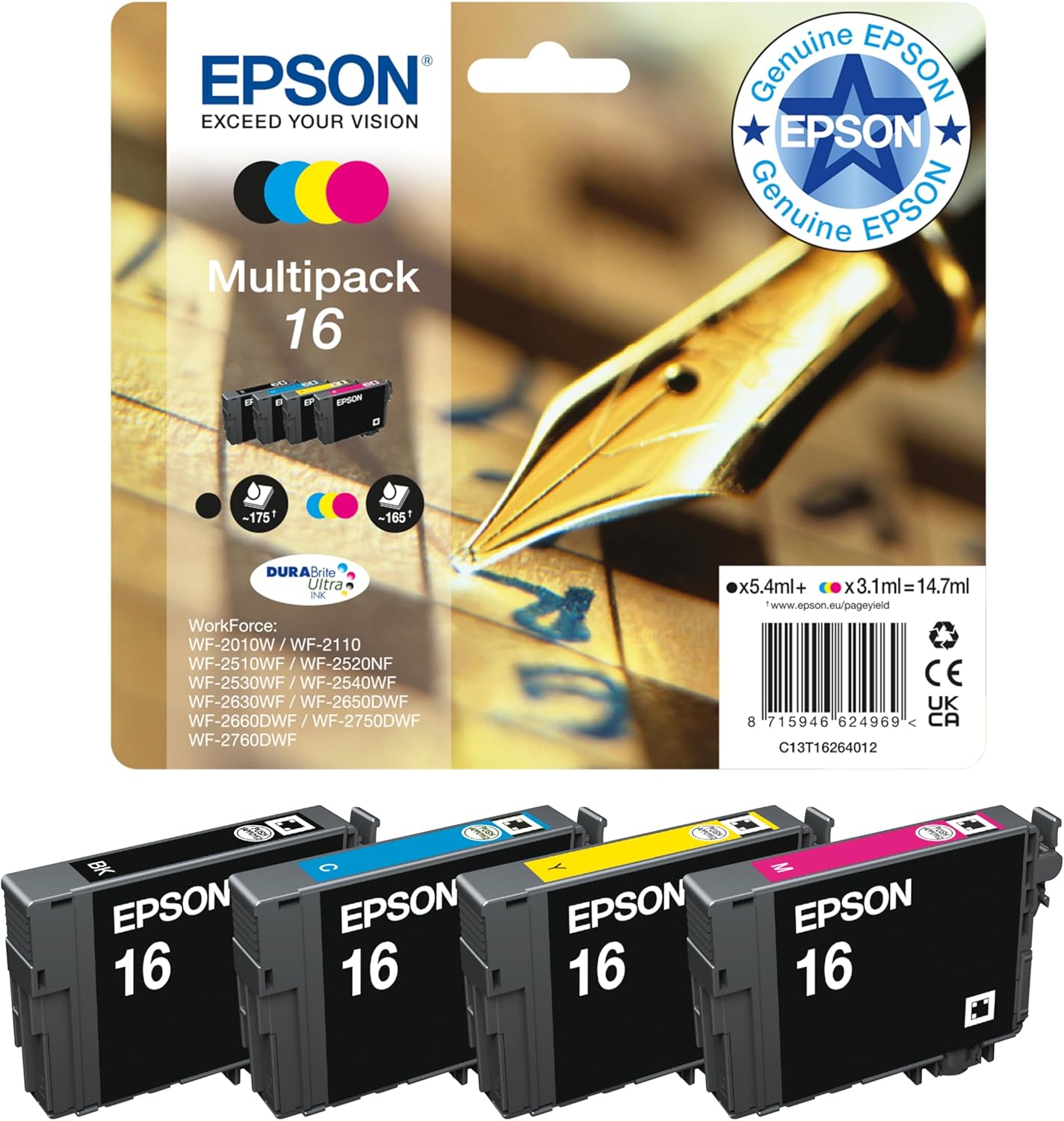 Epson 16 Pen & Crossword Genuine Multipack, 4-colours Ink Cartridges, DURABrite Ultra Ink