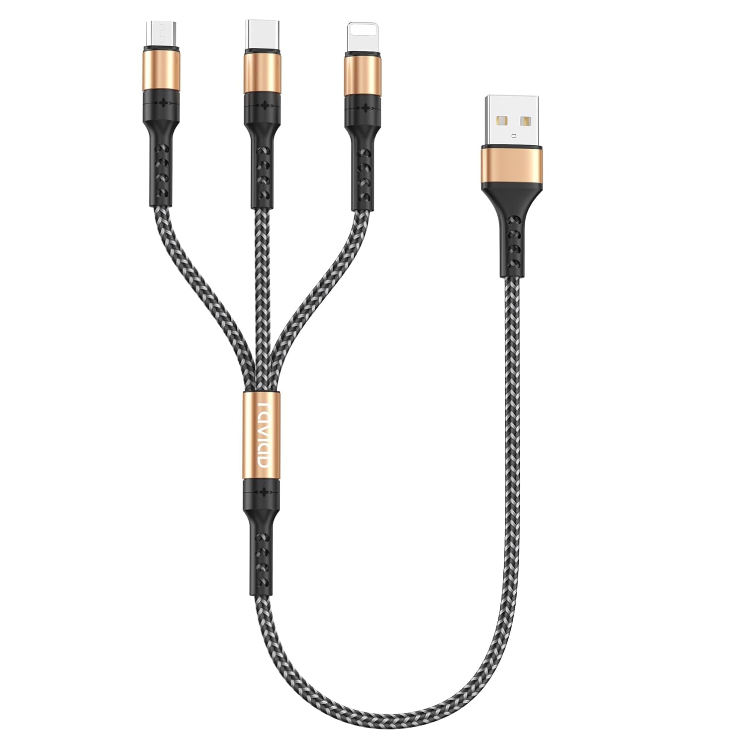 RAVIAD Multi Charger Cable Short [0.5M] 3 in 1 Charging Cable USB Cable Phone Charger Cable with Lightning + USB C + Micro Connector for Phone, Android Samsung Galaxy, Huawei, Oneplus, Kindle- Gold