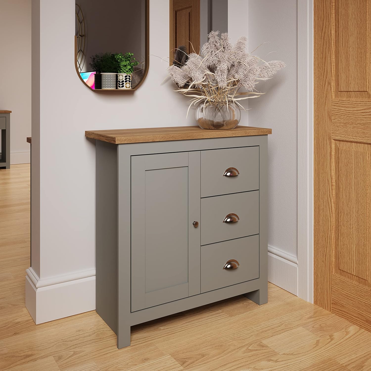 Timber Art Design UK Lisbon 1 Door 3 Drawer Storage Cabinet Sideboard Grey for Modern Home, Living Room, Bedroom, Hallway in Oak Top and Grey Finish